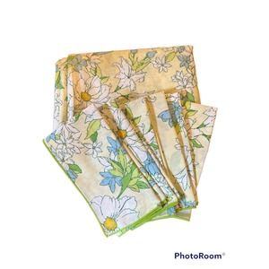VINTAGE Kitchen Retro Tablecloth Yellow Green Cloth And 6 Napkins Floral 83x72